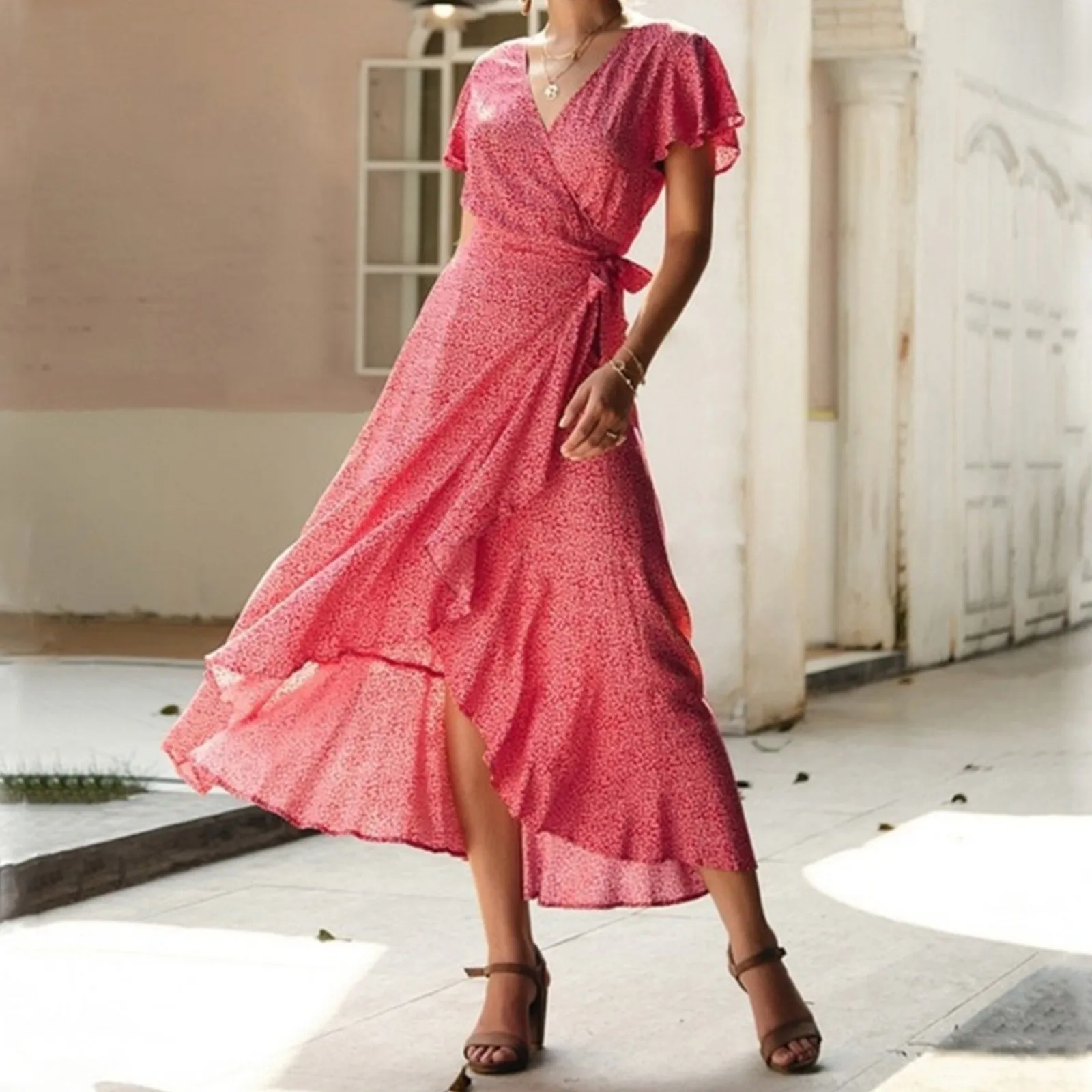 

Женское шифоновое платье в горошек, Красное Длинное пляжное элегантное платье миди в стиле бохо с цветочным принтом и V-образным вырезом, Платья с запахом и оборками, платья с разрезом