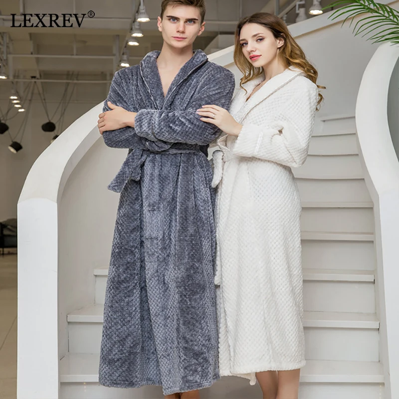 

Women Winter Plus Size Long Warm Flannel Bathrobe Men Velvet Bath Robe Solid Color Sleeping Gown Lovers Robes Nightwear