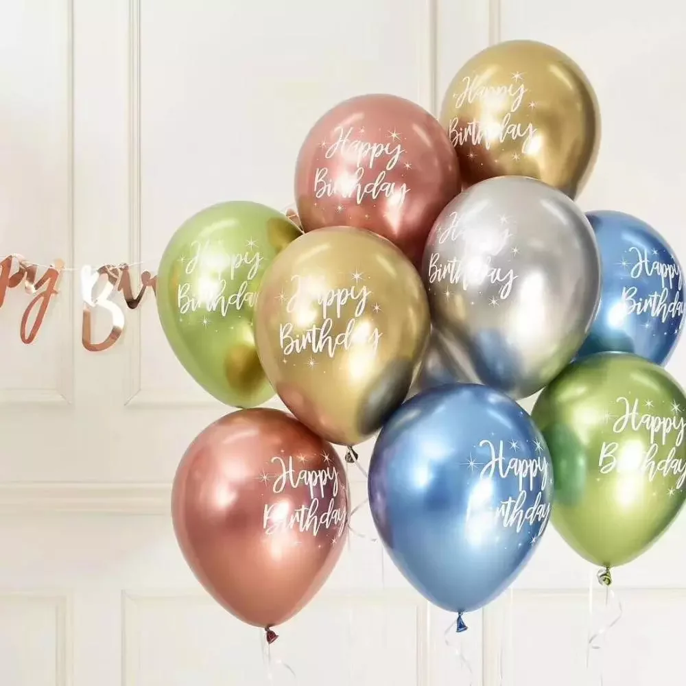 

NEW IN 10pcs 12inch Chrome metallic latex balloons happy birthday printed pattern ballon helium metal globos birthday party deco