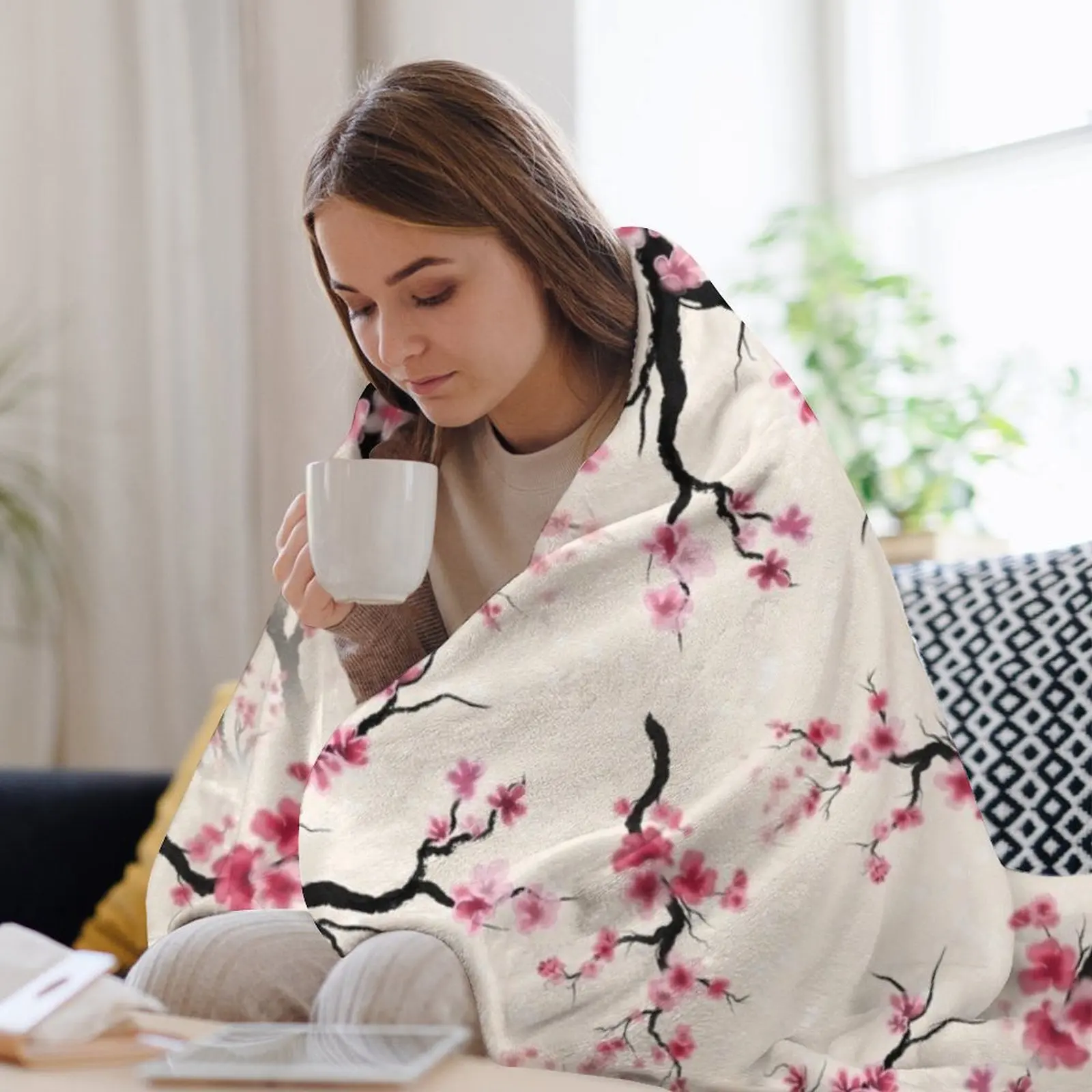 Акварель sumie hanami сакура вишневый узор пледы свободные тонкие покрывала одеяла