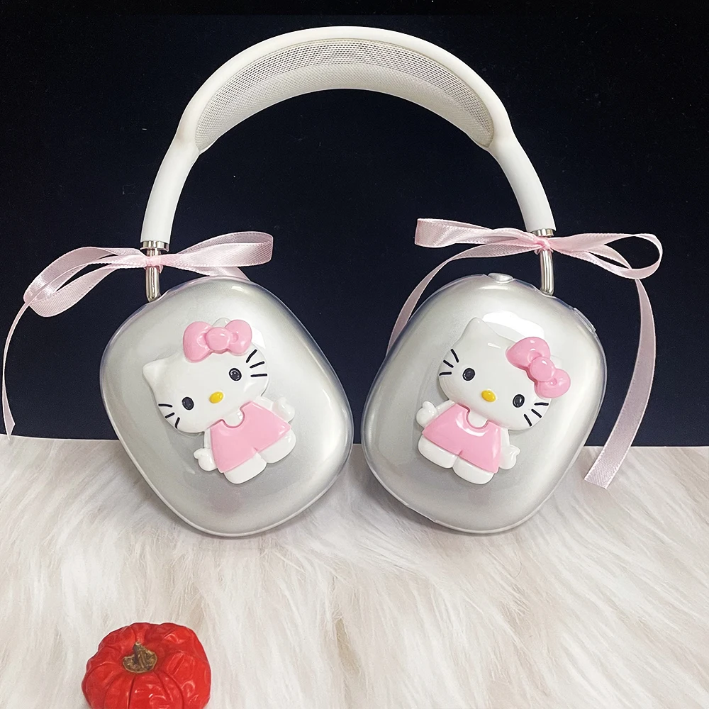 Прозрачный чехол с рисунком для Apple AirpodsMax защитный 3D милый Hello Kitty розовым бантом