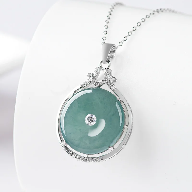 

Burmese Jade Donut Pendant Certificate Necklace Gift Fashion Accessories 925 Silver Choker Jadeite Natural Blue Emerald Jewelry