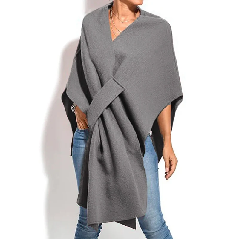 

Элегантная Асимметричная однотонная шерстяная накидка 2022, Осенний Повседневный пуловер 3/4 с рукавом «летучая мышь», шаль, зимний женский мо...