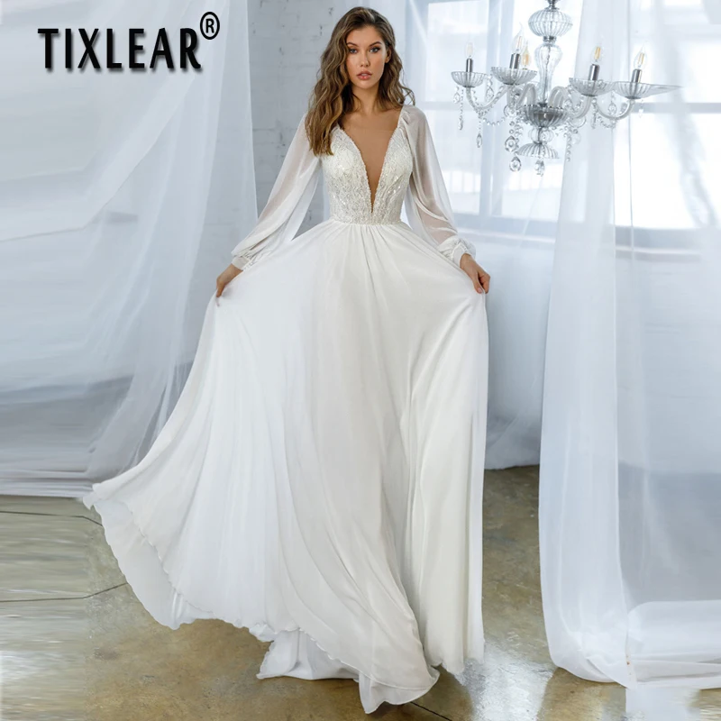 

TIXLEAR Ivory A-LINE Scoop Sweep Train Chiffon Modern Wedding Dress Lace up vestido de noiva brautkleider robe de mariée