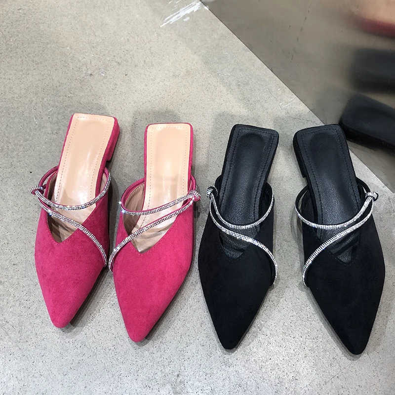 

Ladies Slippers Women Flip Flop 2022 New Square Toe Mules Rhinestones Slides Flats Outside Flip-flops Fashion Silk Female Shoes