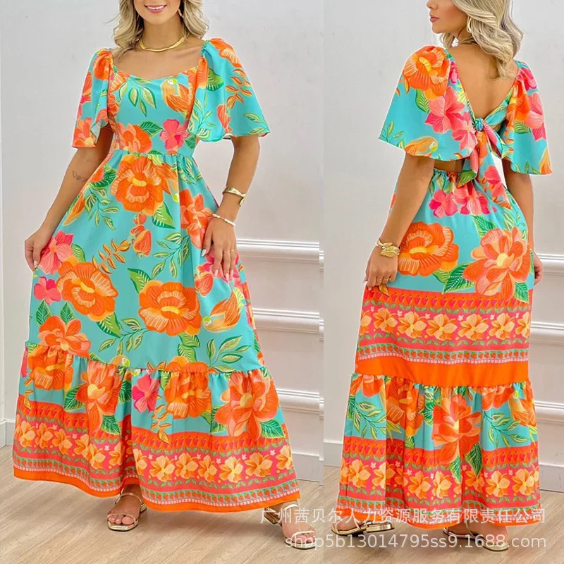 

Женское длинное свободное платье макси, привлекательное Повседневное платье до щиколотки с квадратным вырезом, коротким рукавом и высокой талией, лето-весна