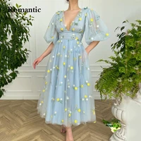 romantic prom gowns pastel blue tulle with embroided daffodils sweetheart tea length short evening dress puff sleeves gradution