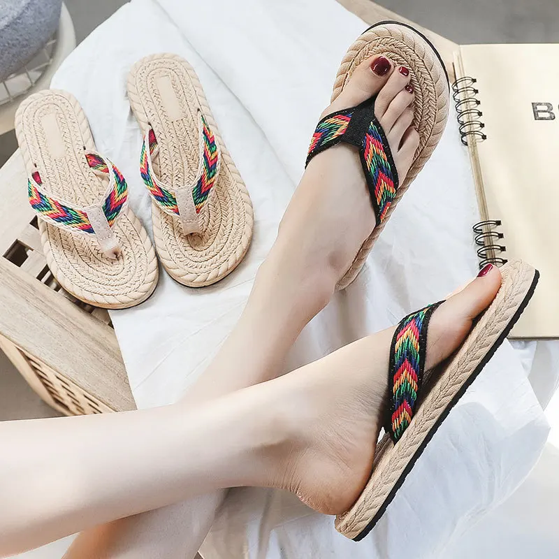 

Women's Sandals 2022 Summer Beach Slippers Bohemia Dress Flat Slides Casual Weave Ladies Flip Flops Hawaiian Women's Slipper