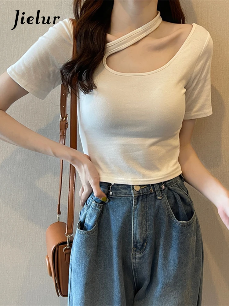 

Jielur Однотонная женская футболка летняя женская футболка с коротким рукавом хаки черная корейская мода женский сексуальный укороченный топ...