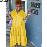 hljgg casual solid loose a line dresses women v neck button short sleeve long dress fashion female streetwear vestiods s 5xl