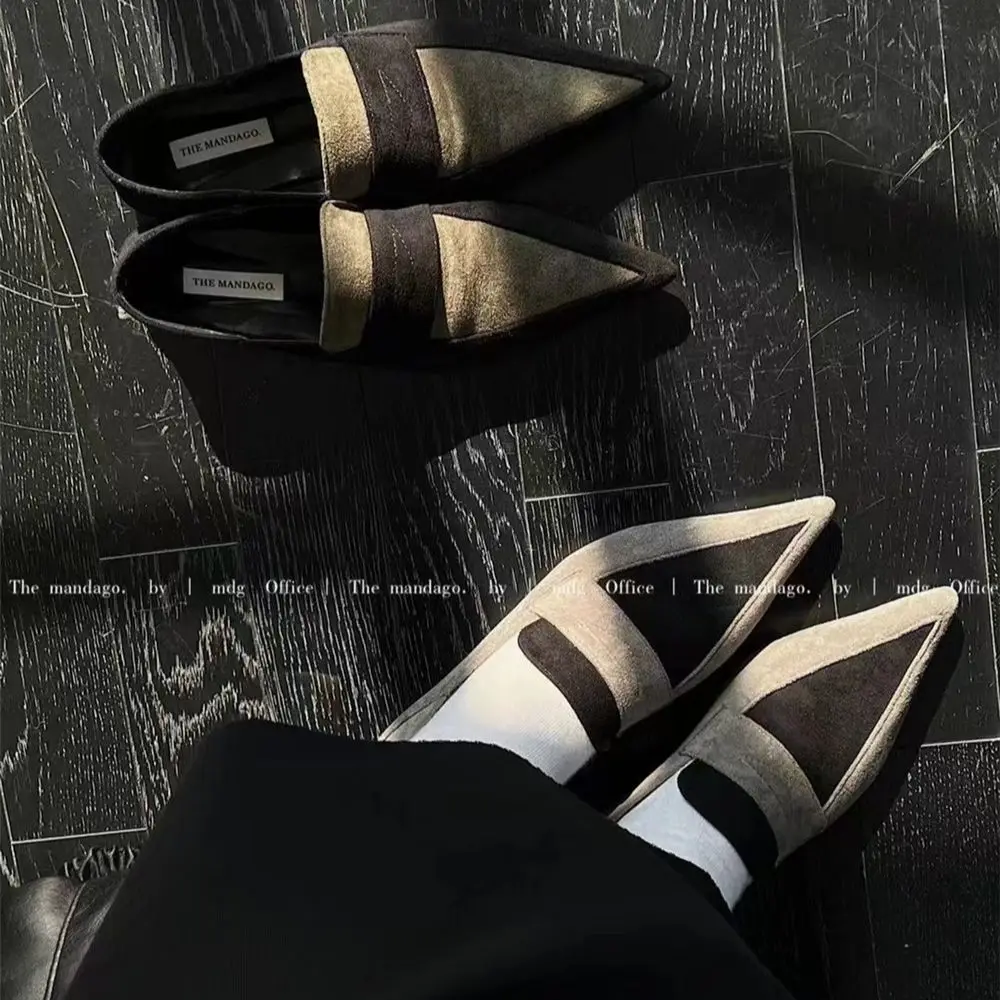 

Pointed Toe Women Loafers Mixed Color Shallow Party Pumps 2022 New Arrivals Dance Shoes Dress Flat Heeled Black Grey Brown 39