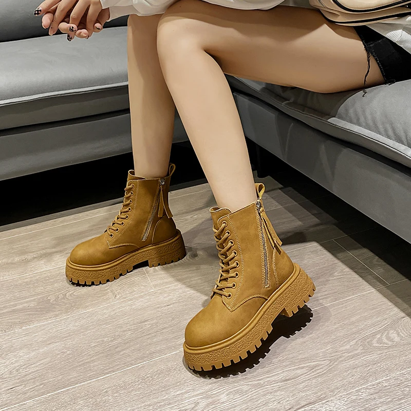 AIYUQI Ankle Boots Women Fur 2023 New Large Size British Style Boots Women Genuine Leather Platform Non Slip Booties Women