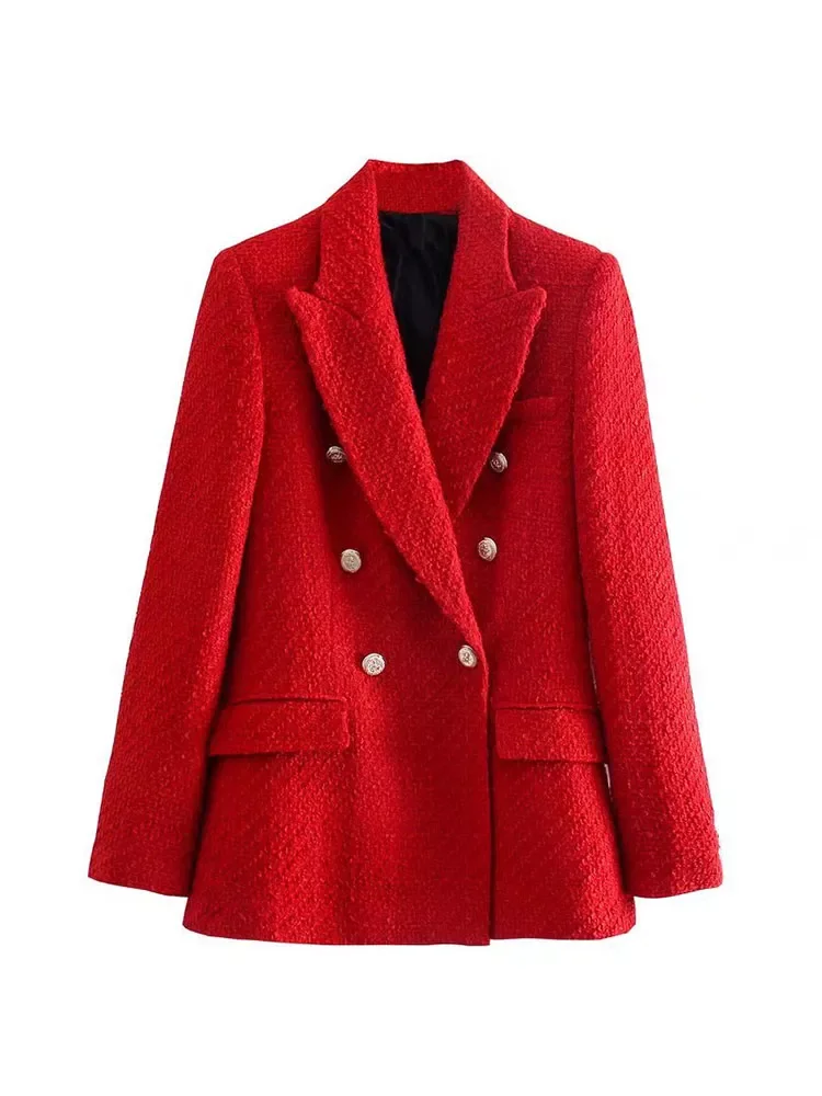 

2023New Women jacket Autumn New Double Breasted Tweed Check Blazer Coat Vintage Long Sleeve Pockets Female Outerwear Chic Tops