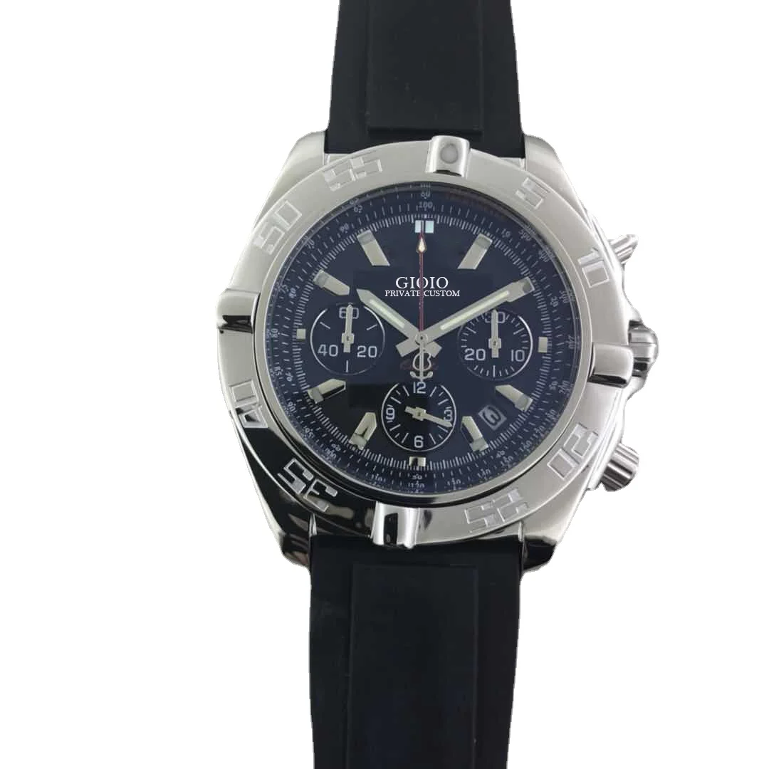 

men quartz chronograph watch black blue leather rubber