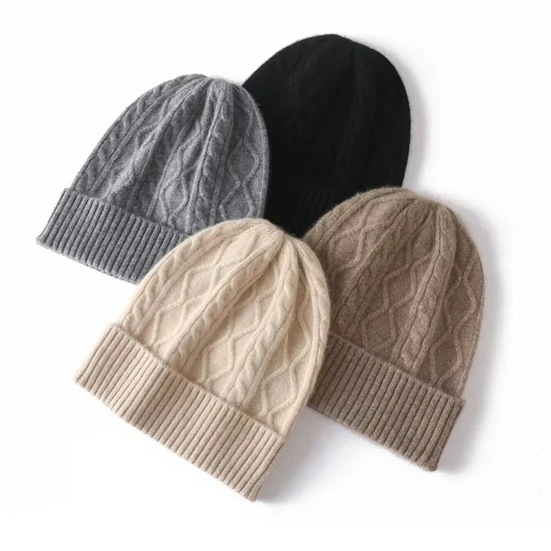

100%Pure Cashmere Women's Winter Hat 2023 Warm Wool Soft Beanie Bonnet y2k Rhombus Luxury Beanies For Lady Knitted Skullies Cap