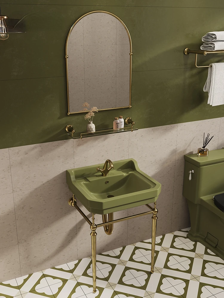 

Grass Green European Retro Washbasin Brass Bracket Wash Basin Bathroom Floor Sink Washstand