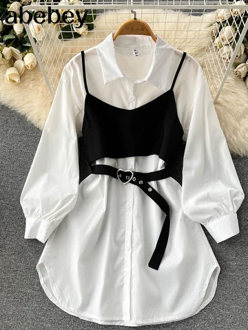 Женские Осенние костюмы из двух предметов, короткое платье-рубашка + мини-кофта, комбинированные осенние комплекты, 2022