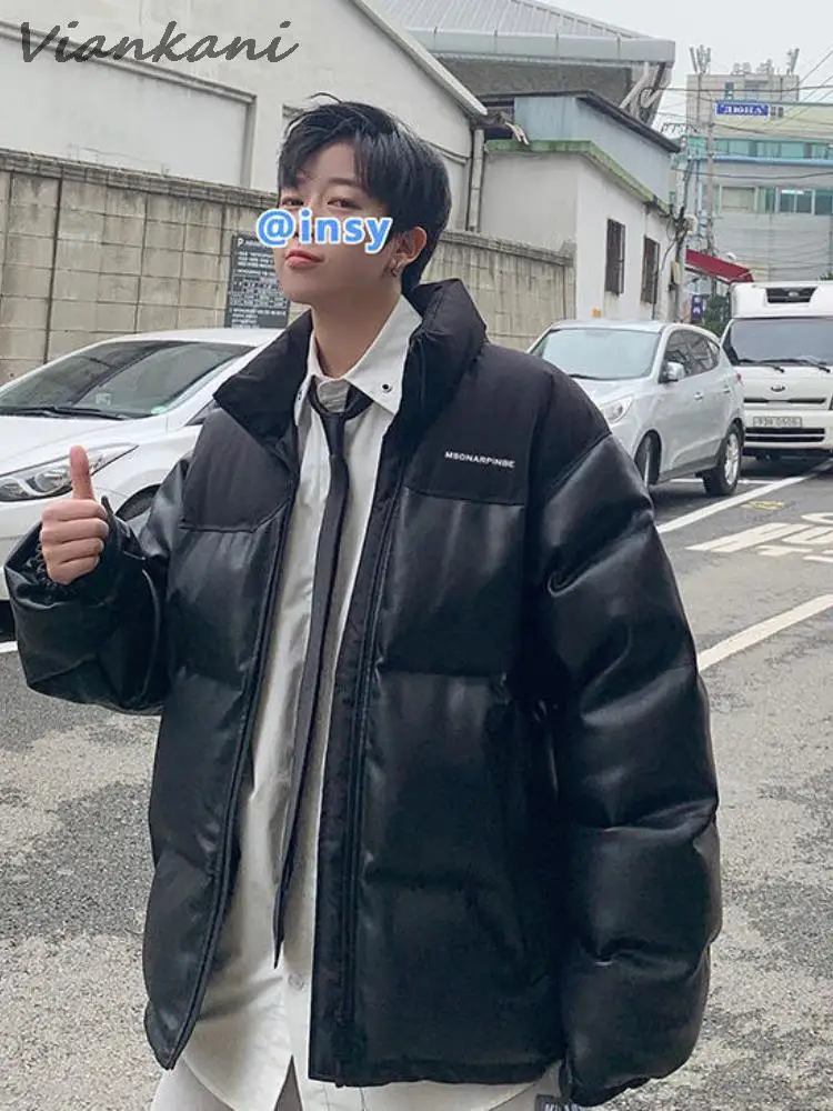 Leather Padded Jacket Men Thickened Winter 2022 New Hip Hop Warm Splicing Jackets Korean Trend Hip Hop Cool Streetwear Coats