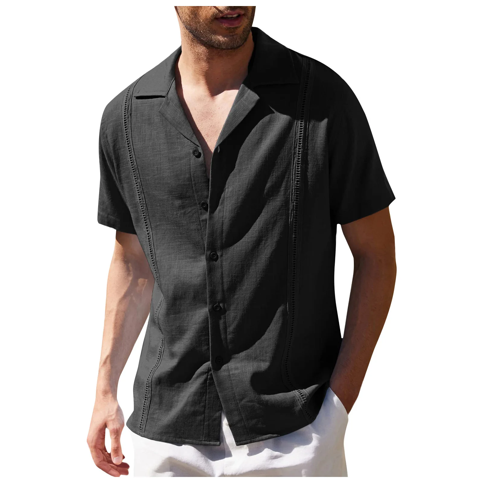 2022 Mens Linen Blouse Short Sleeve Baggy Buttons Summer Solid Comfortable Casual Loose Holiday Shirts Tee Tops