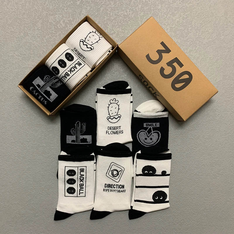 3 Pairs/Box Simple Letter Cactus Stockings Cotton Harajuku Black White Smile Soft Fashion Funny Long Men Women Socks Gifts Pack