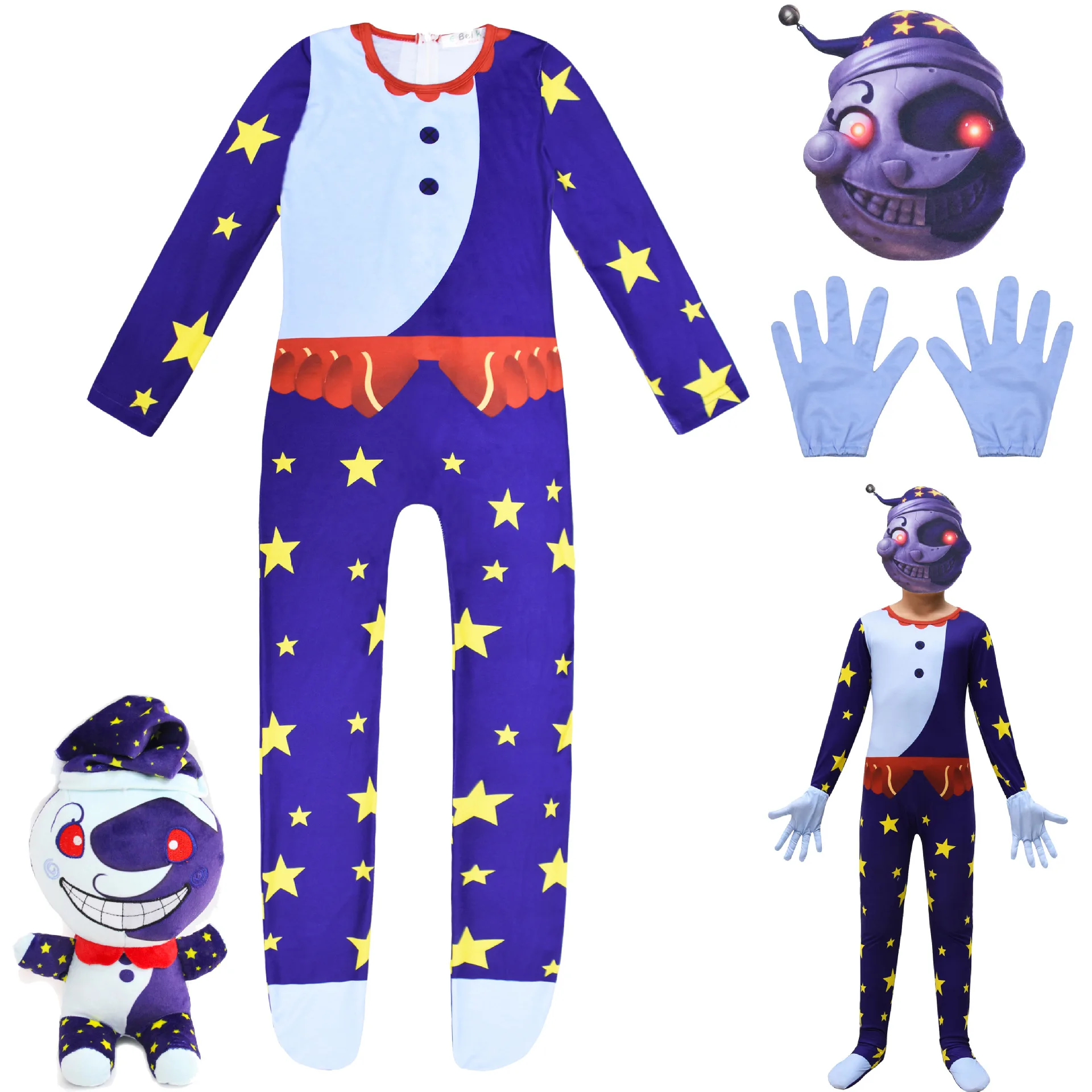 Kids Sundrop FNAF Sun clown Freddie Cosplay Halloween Costume for Boys Anime Cos Girls Bodysuit+Mask Gloves Funny Party Jumpsuit