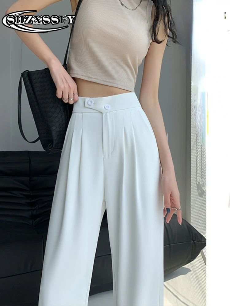 

Белые женские брюки из ледяного шелка, Свободные повседневные широкие брюки, женские модные однотонные прямые модные Костюмные брюки с выс...