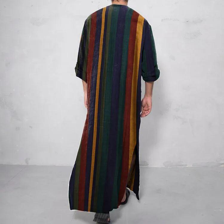 Muslim Southeast Asian new men's loose stripes standing collar door long -sleeved robe national style Middle East robe