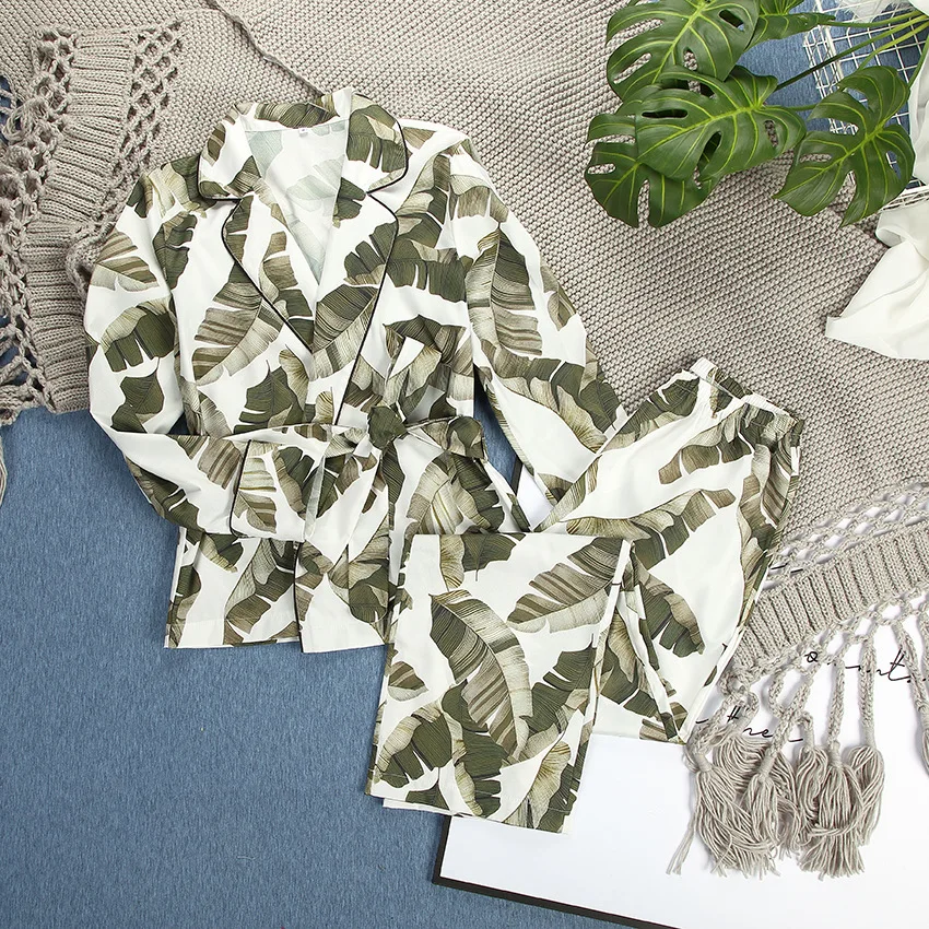 Spring Fall Artificial Silk Thin Women Long Sleeve Pajama Set Green Pajamas Sleep Top Printing Simple Home Clothes Fashion Sexy