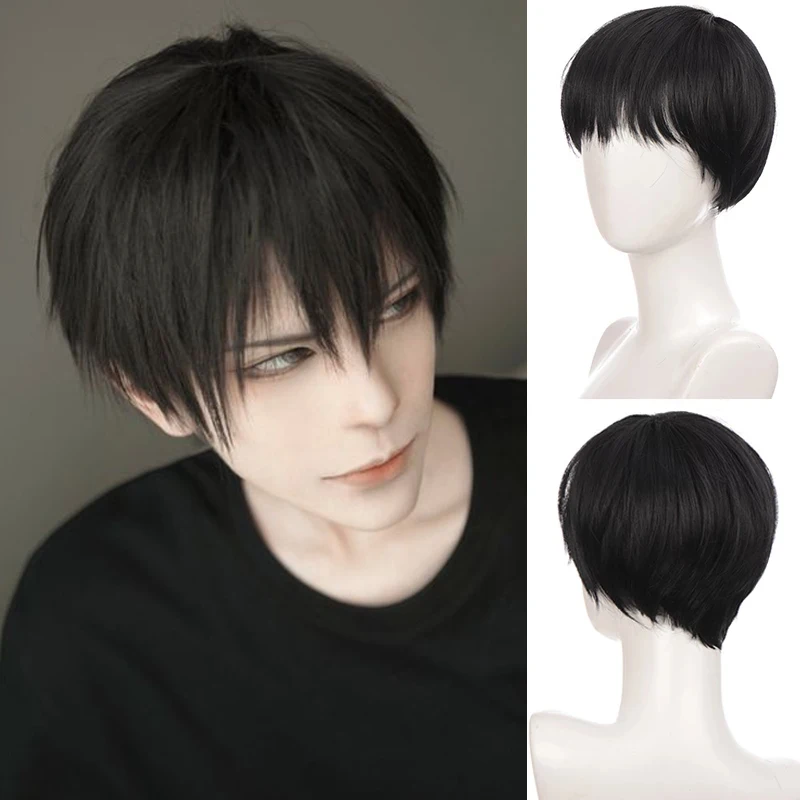 

Ailiade Black Men's Wigs 12"; Short Straight With Bangs Synthetic Wig for Women Male Boy Cosplay Anime Party Daily Costume Wig
