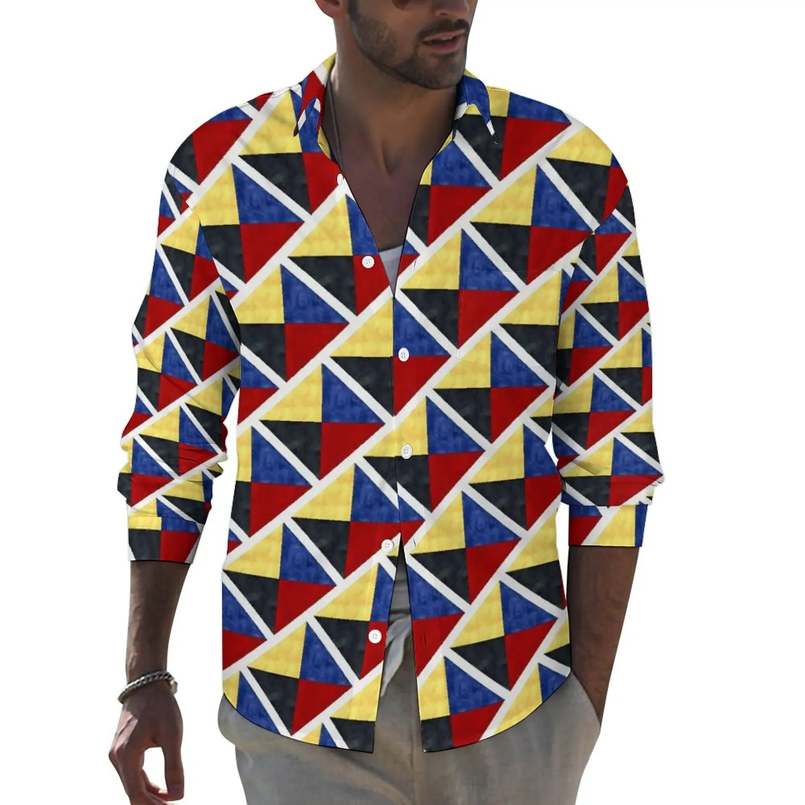 

Maritime Flags Casual Shirts Men Geo Print Shirt Long Sleeve Retro Aesthetic Blouses Spring Custom Top Plus Size