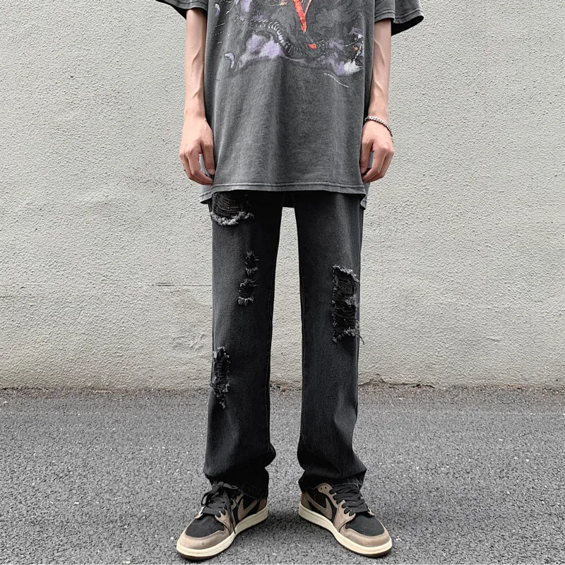 Blue/Black Hripped Jeans Men Slim Fashion Casual Straight Jeans Men Streetwear Loose Hip Hop Hole Denim Pants mens Trousers