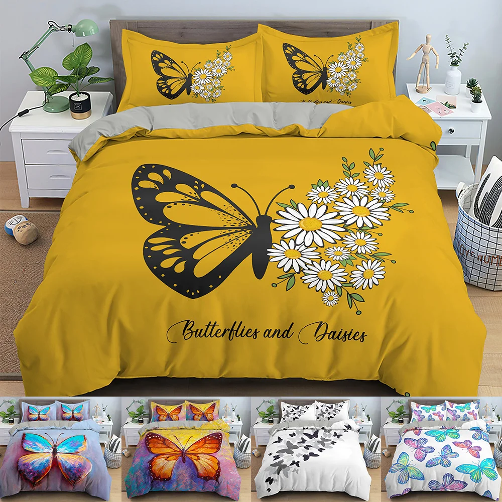 Duvet Cover Comforter with Butterfly Flowers Printed Design Bedding Set Pillowcase Queen King Size Bedlines for kids Girl adults