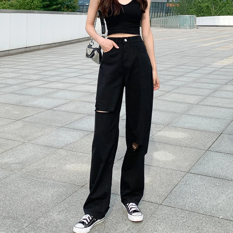 

Women Wide Leg Hip-hop Mopping Vintage Summer High Street Jeans Holes Black Chic Large S-XL Oversize Casual Pants Harajuku
