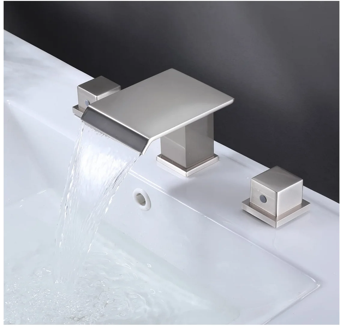 

High quality Brass Modern Waterfall Bathroom Basin tap 3 Holes& 2 Square Handles Bathroom Sink Faucet, Brushed Nickel