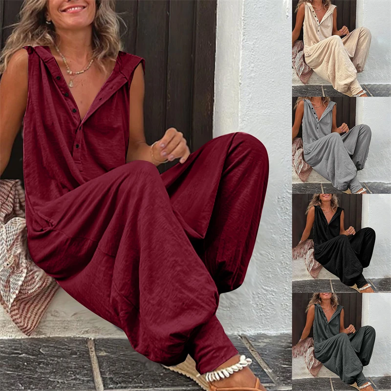

Women Sleeveless Rompers Summer Harajuku Vintage Solid Button Cross-pants Wide Leg Playsuit Female Casual Loose Hooded Jumpsuits