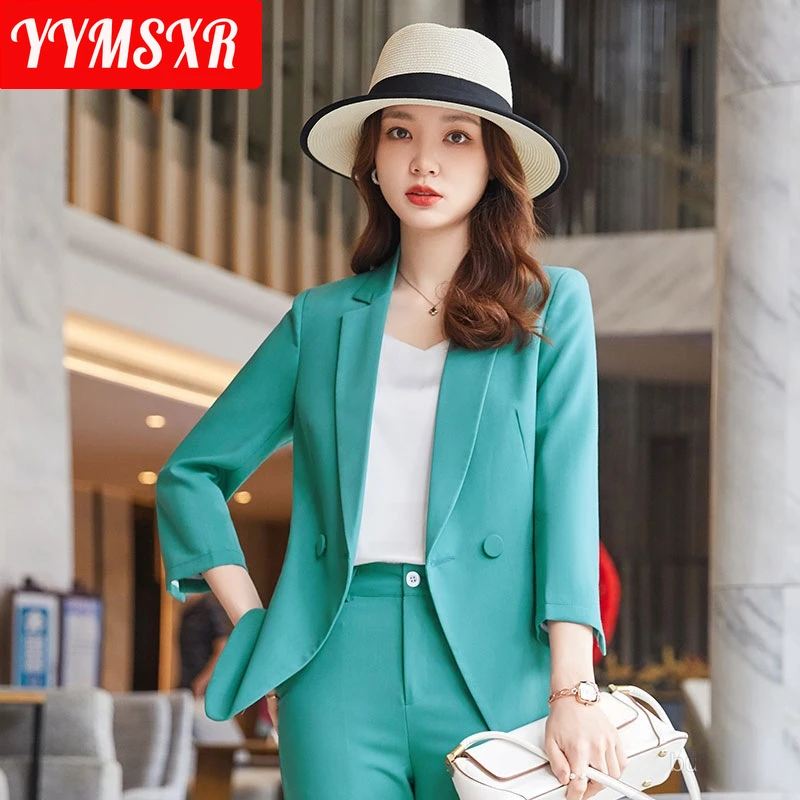 S-4XL Women's Suit Office Business Two Piece Set 2022 New Spring Summer Slim Fit Half Sleeve Ladies Jacket Casual Ninth Pants