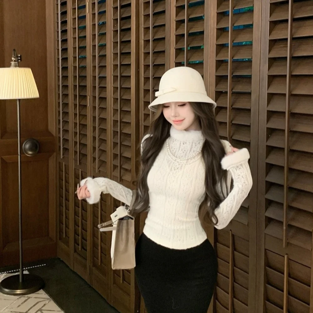 Французский кружевной плюшевый трикотаж для женщин 2024 осень и зима новинка