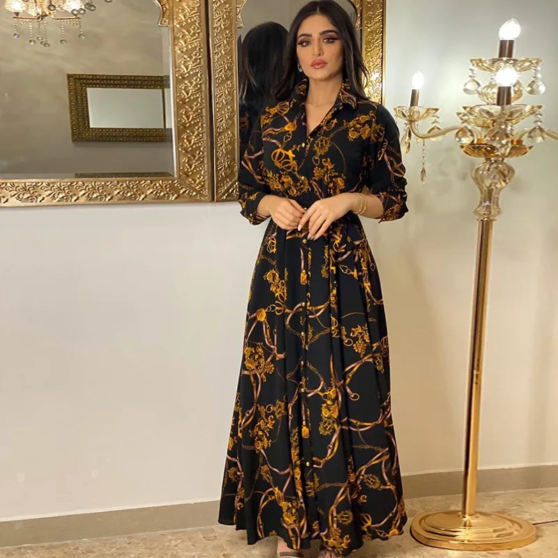 Elegant Printing Party Muslim Dress Abayas for Women Dubai 2023 Autumn Casual Arabic Gowns Middle East Robe Jalabia