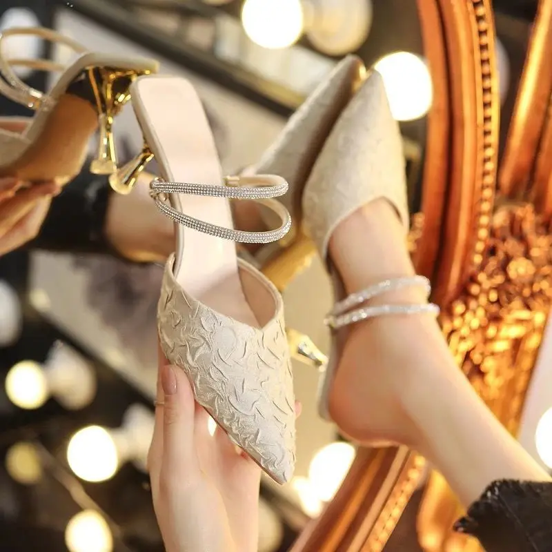 

Мюли женские на высоком каблуке, туфли-лодочки с кристаллами, заостренный носок, пикантная летняя обувь, 2023