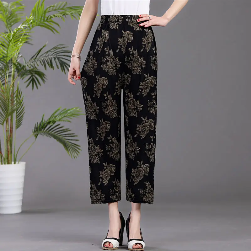 

Women 2022 Summer New Middle-aged Print Pants Female Ice Silk Mother's Casual Pants Ladies Loose Flower Print Trousers T12