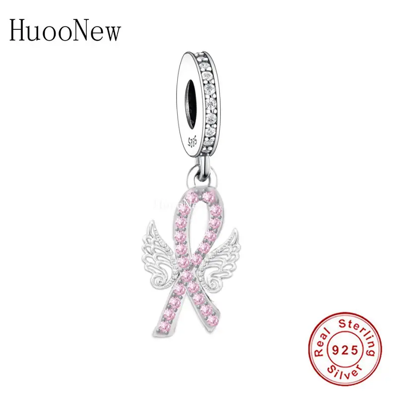 

Fit Original Pan Charms Bracelet 925 Silver Angel Wings Pink Zircon Ribbon Breast Cancer Awareness Bead For Making Berloque DIY