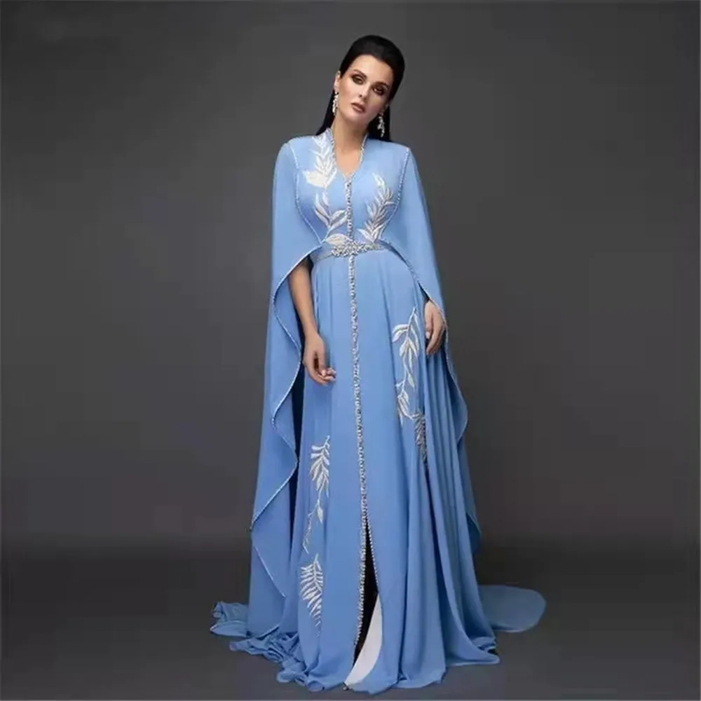 

Elegant Muslim A Line Evening Dress Lace Appliques V Neck Cape Sleeves Chiffon Arabic Dubai Dresses Party Gown Vestido de Noite