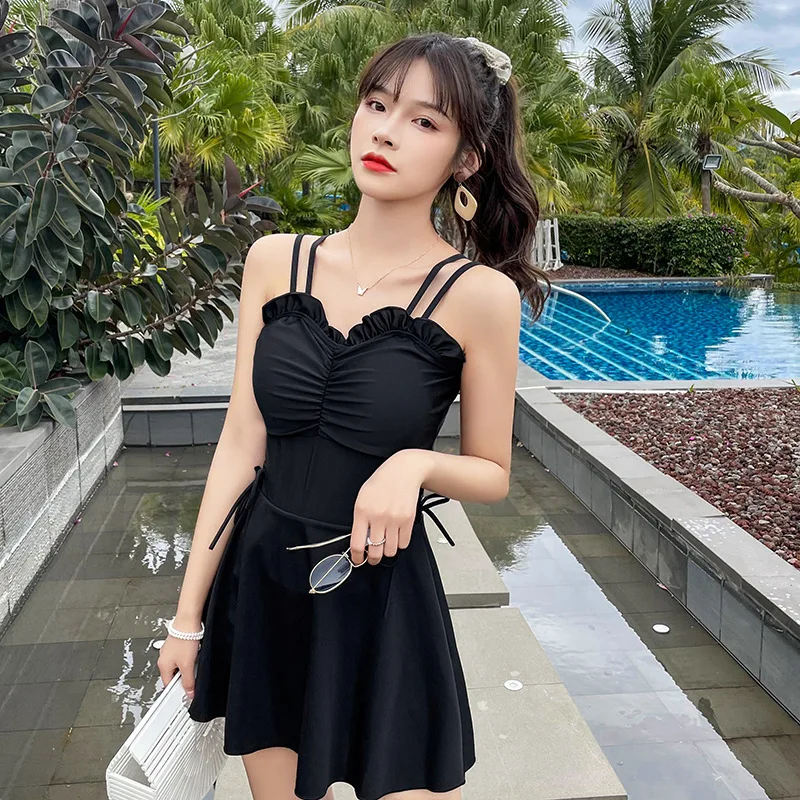 

Women One Piece Swimsuit With Shorts Conservative Korean Style Swimwear Beach Bathing Suit Solid Beachwear Elegant Bikini 수영복