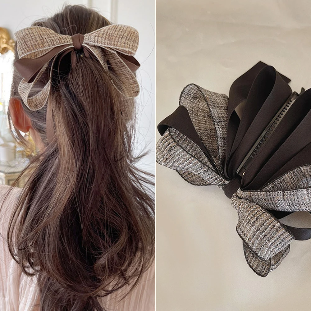 

College Style Multi-layer Bow-knot Banana Clip Literary Aesthetic Bow-knot Vertical Clip Net Red Bow Ponytail Holder