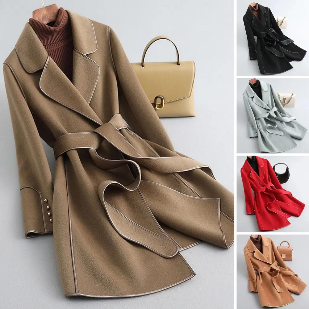 

Women Lapel Coats Jackets with Belt Autumn Mid Length Loose Trench Coat Korean Fashion Winter Windbreaker Coat Female Clothes