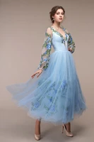 deep v neckline light blue 3d floral evening dresses chiffon party gown graduation dress long sleeves wedding guest dress