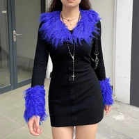 detachable fur collar stitching slim long sleeved birthday party bag hip dress female 2022 autumn sexy mini club nightclub dress