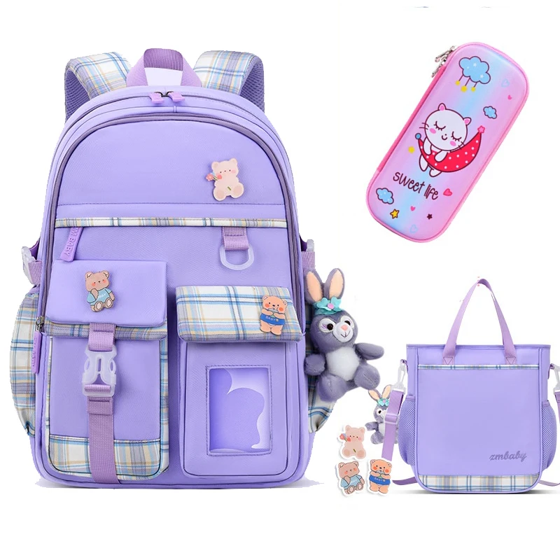 2023 New 3 Pcs Sets Purple Colour Children's School Backpack Kawaii Women's Backpack Bookbag School Bags for Teens Girls Mochila