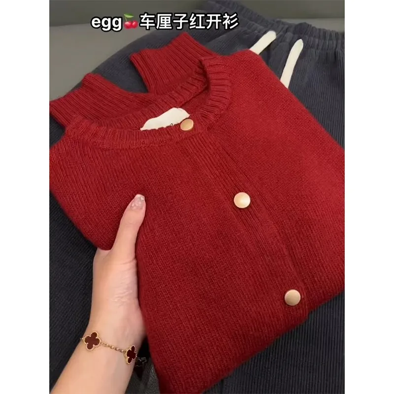 Year of Fate Christmas New Red Atmosphere Cherry Soft Glutinous Idle Sle Sweater Knit cardigan Outerwear Women