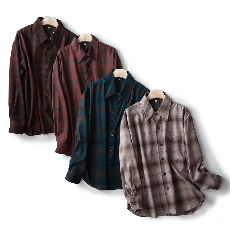 

Maxdutti 2022 Japanese Style England Flannel Plaid Checked Vintage Loose Shirt Man Casual Blouse Man Tops